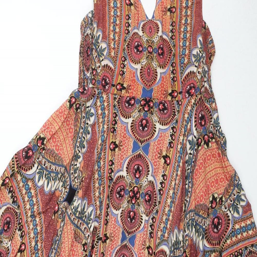 Angie Womens Multicoloured Geometric Viscose A-Line Size M V-Neck Pullover