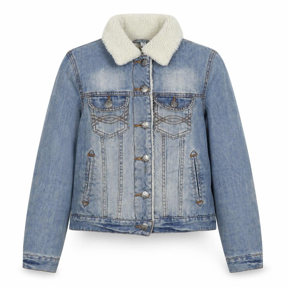 Front view of Denim & Co. women’s blue jacket, size UK 10, button
