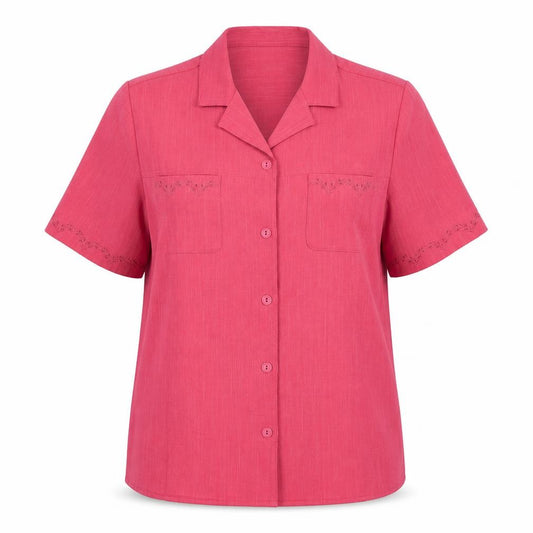 Front view of Oscar B. women’s pink polyester basic button-up, size UK 20, collared