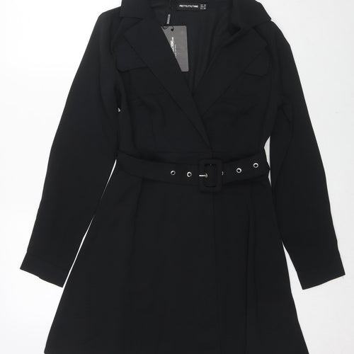 PRETTYLITTLETHING Womens Black Polyester Jacket Dress Size 10 Collared Button