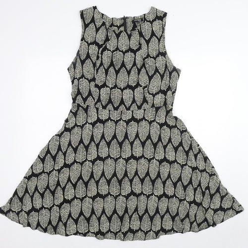 Stella Womens Multicoloured Geometric Viscose Skater Dress Size 14 Round Neck Zip - Leaf Pattern