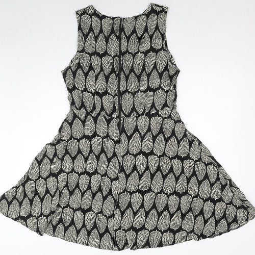 Stella Womens Multicoloured Geometric Viscose Skater Dress Size 14 Round Neck Zip - Leaf Pattern