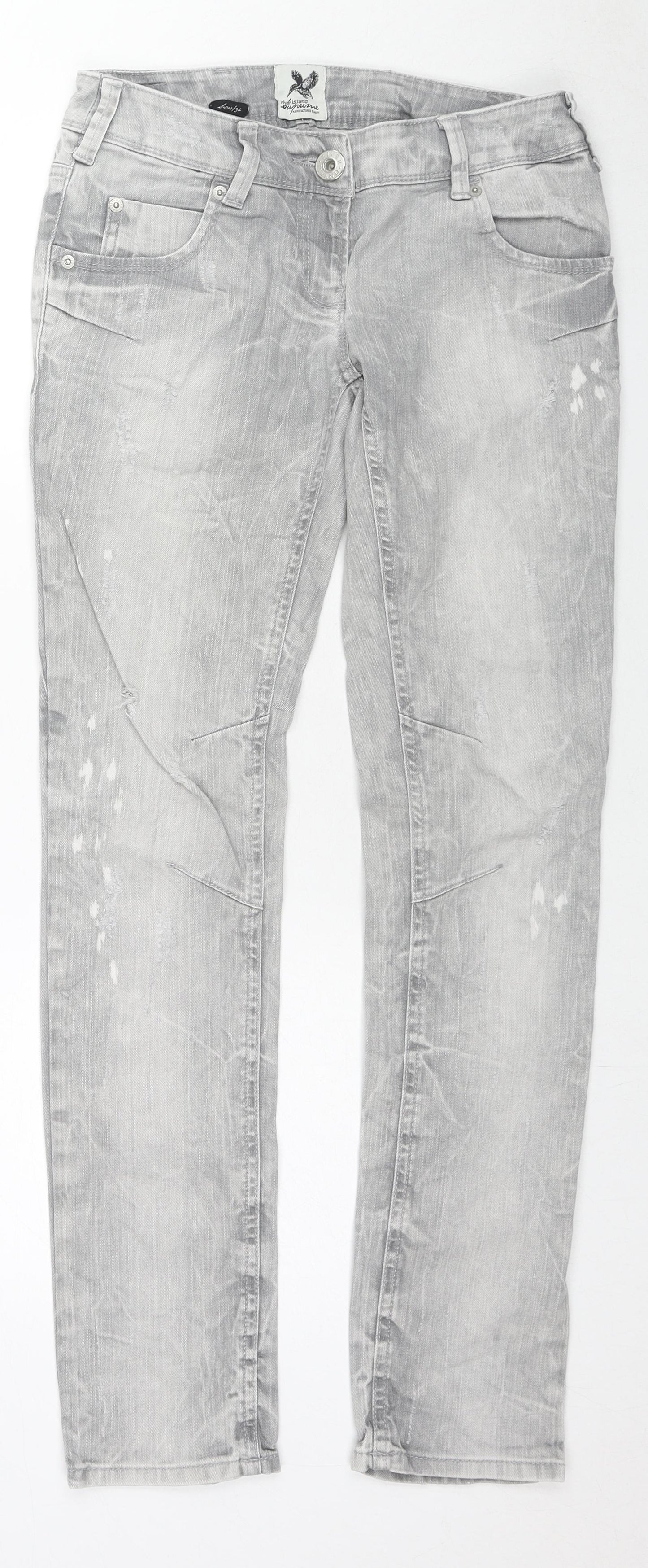 River Island Womens Grey Cotton Straight Jeans Size 8 L30 in Regular Zip - Acid Wash Distressing