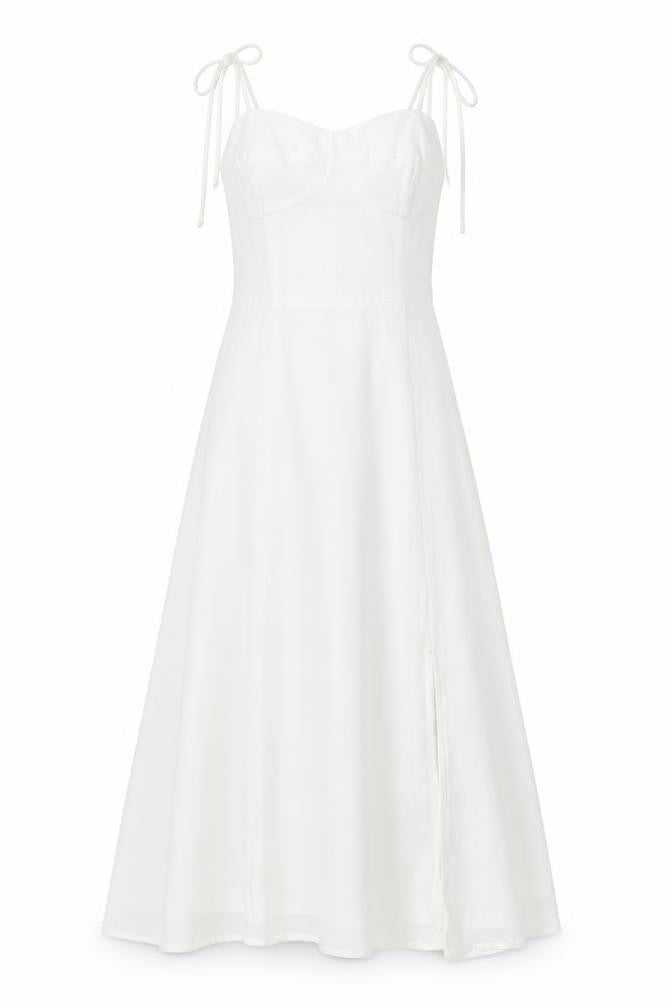 Front view of NLW women’s white polyester fit & flare, size S, sweetheart zip
