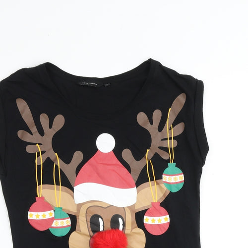 New Look Womens Black 100% Cotton Basic T-Shirt Size 8 Round Neck - Reindeer Christmas