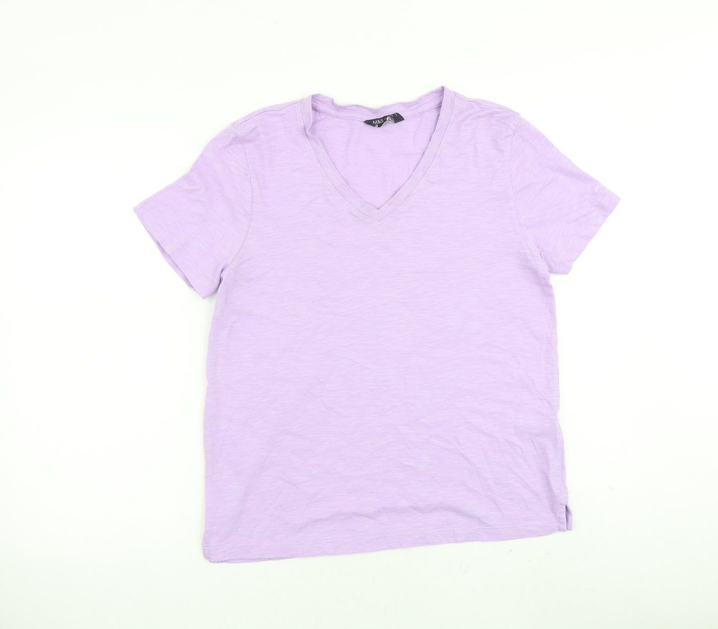 Marks and Spencer Womens Purple 100% Cotton Basic T-Shirt Size 10 V-Neck