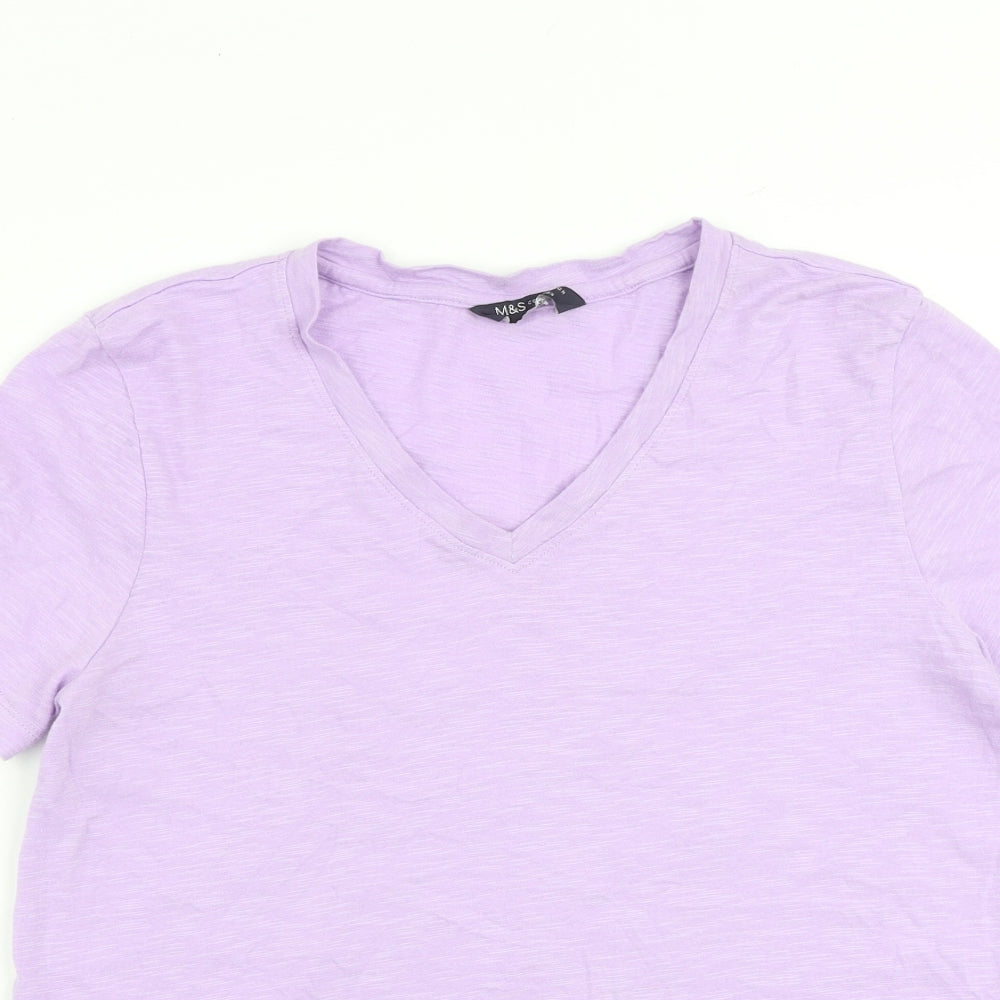 Marks and Spencer Womens Purple 100% Cotton Basic T-Shirt Size 10 V-Neck