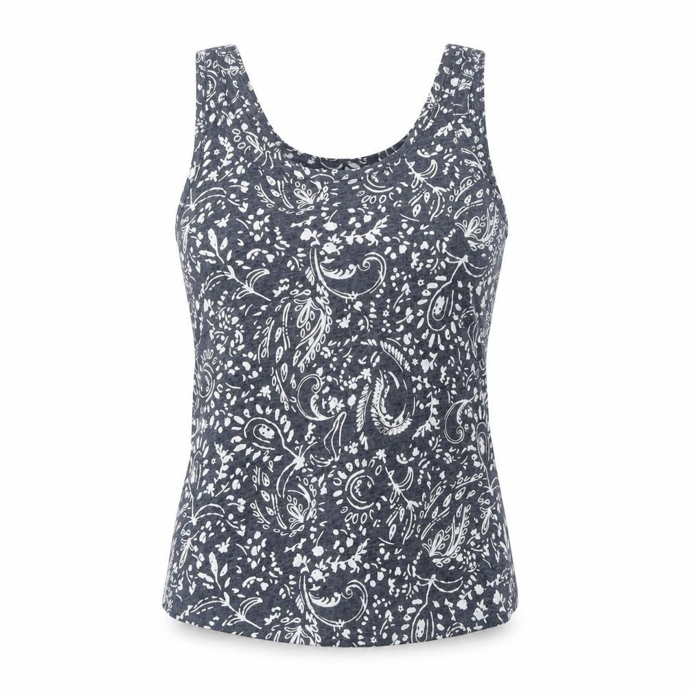 Front view of Marks & Spencer women’s grey geometric flax basic tank, size UK 10, round neck