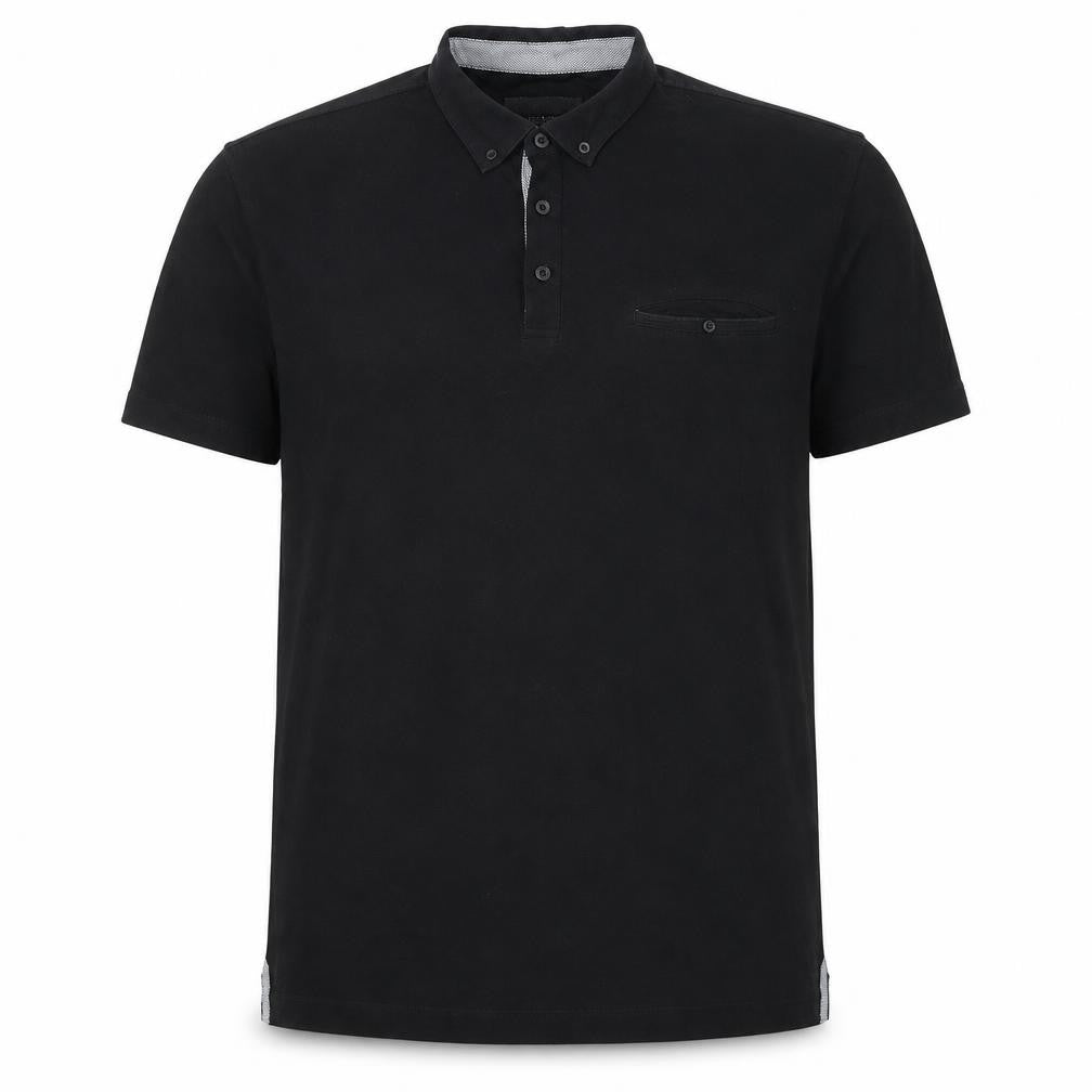 Front view of Outrage London men’s black 100% cotton polo, size XL, collared button
