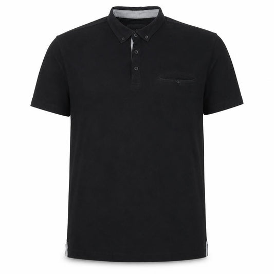 Front view of Outrage London men’s black 100% cotton polo, size XL, collared button
