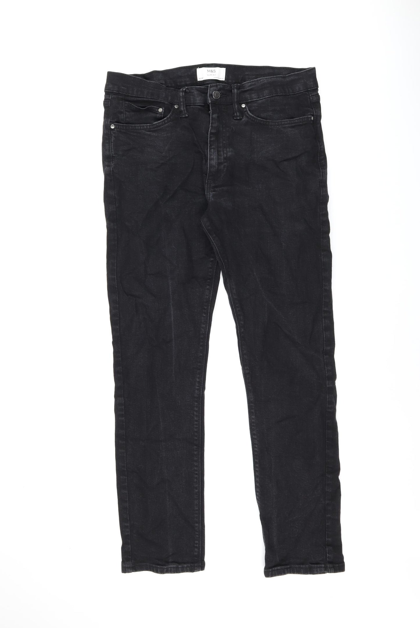 Marks and Spencer Mens Black Cotton Straight Jeans Size 32 in L31 in Slim Zip