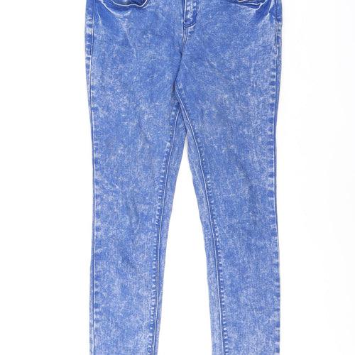 New Look Womens Blue Cotton Skinny Jeans Size 10 L24.5 in Regular Zip - Acid Wash Distressing