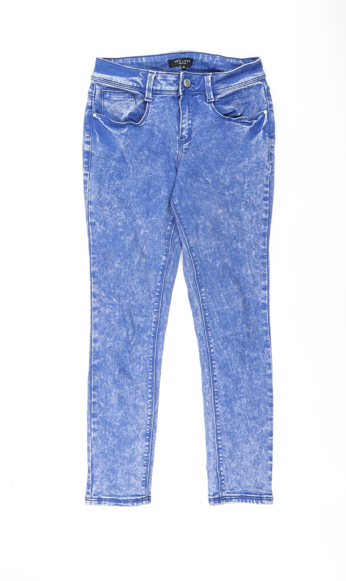 New Look Womens Blue Cotton Skinny Jeans Size 10 L24.5 in Regular Zip - Acid Wash Distressing