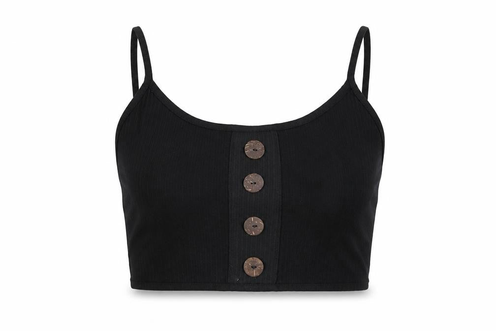 Front view of blood + bone women’s black polyester cropped tank, size UK 8, round neck