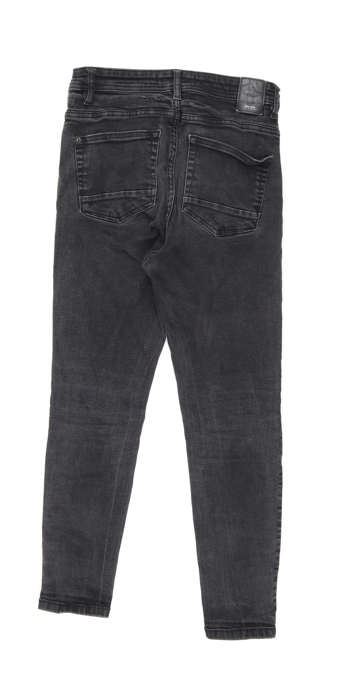 Zara Womens Black Cotton Straight Jeans Size 10 L24 in Regular Zip - Acid Wash Distressing