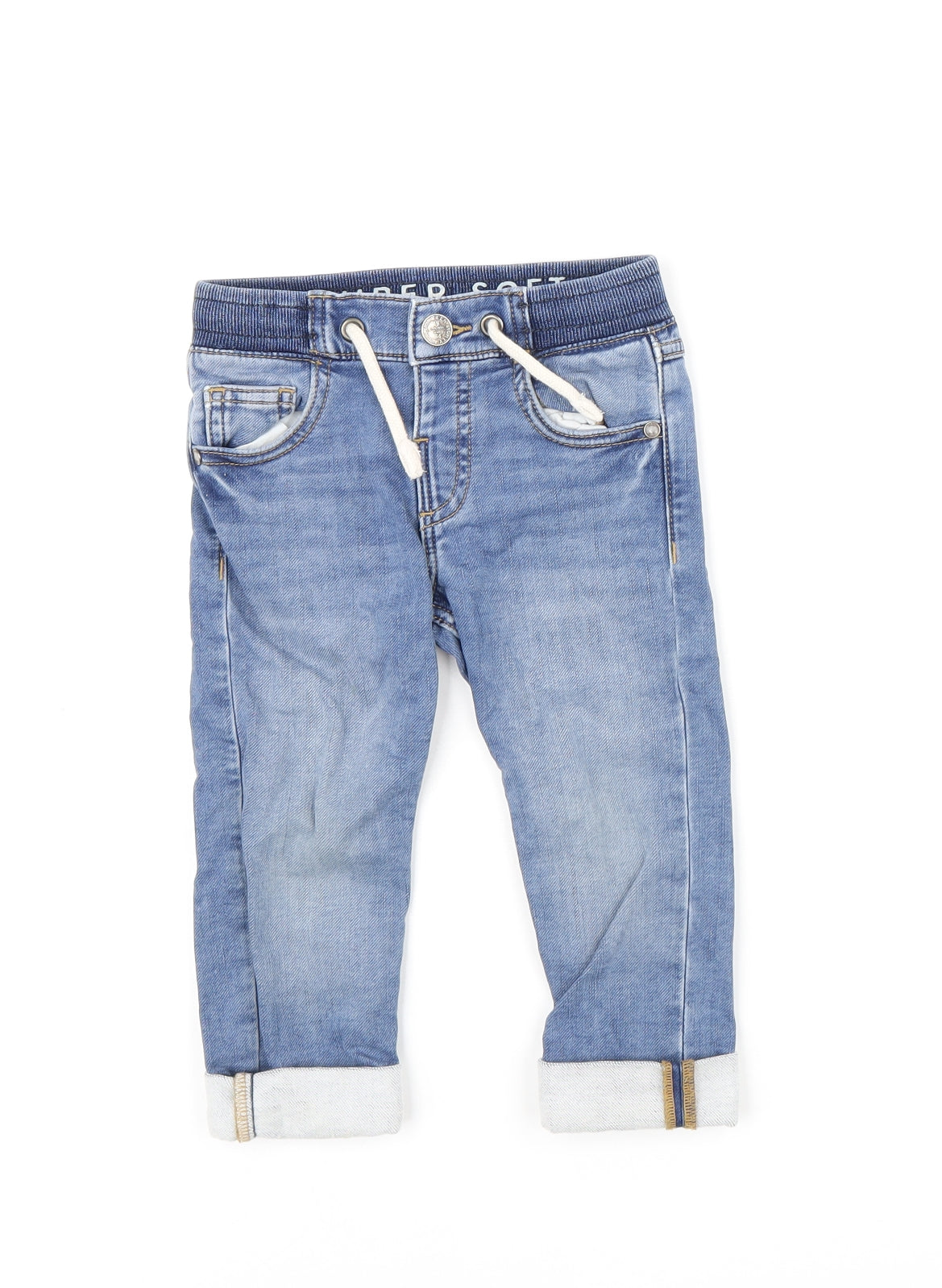 Marks and Spencer Boys Blue Cotton Cropped Jeans Size 2-3 Years Regular Drawstring - Rolled Cuffs