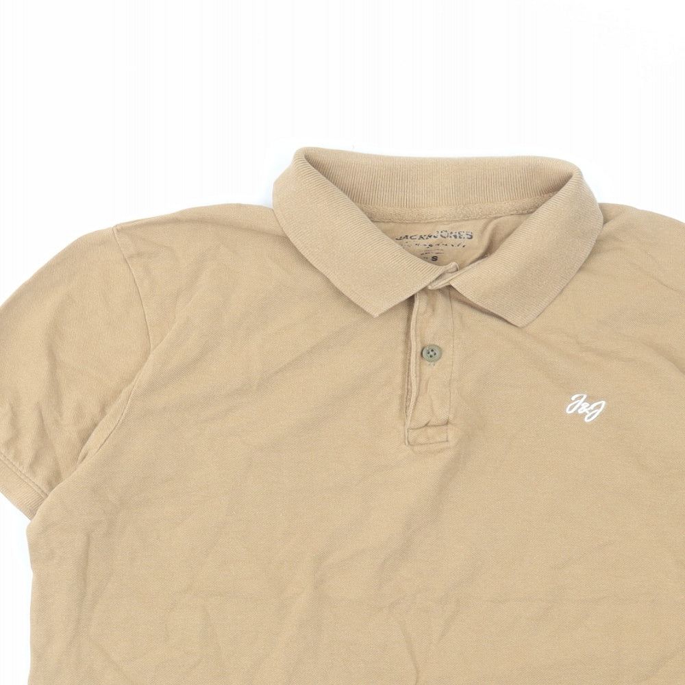 JACK & JONES Mens Brown Cotton Polo Size S Collared Button