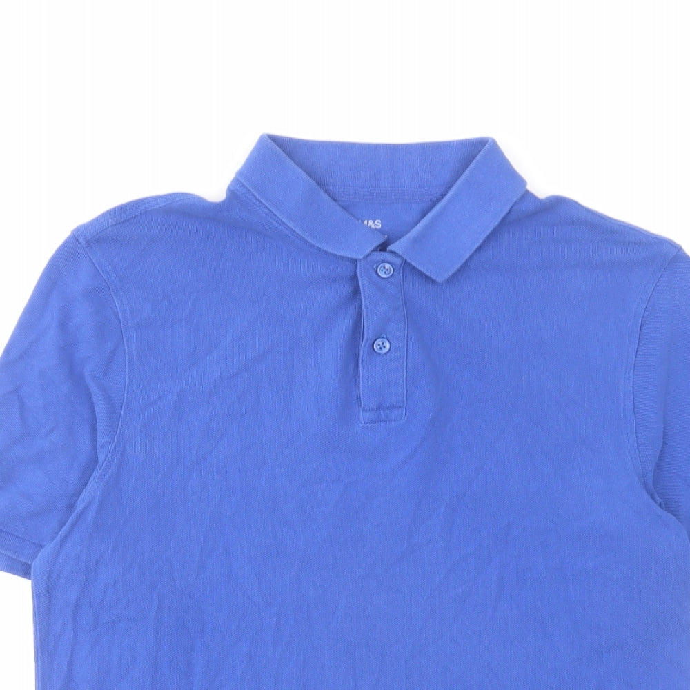 Marks and Spencer Mens Blue Cotton Polo Size M Collared Button