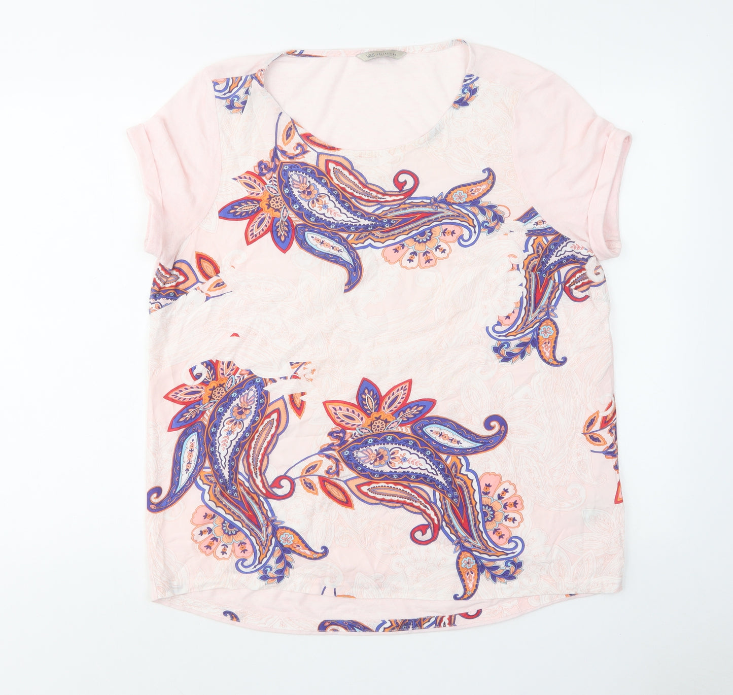 Marks and Spencer Womens Pink Paisley Polyester Basic Blouse Size 14 Scoop Neck