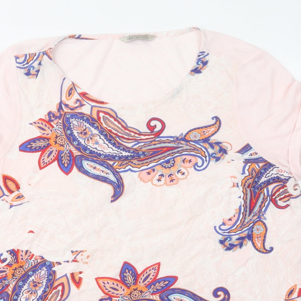 Marks and Spencer Womens Pink Paisley Polyester Basic Blouse Size 14 Scoop Neck