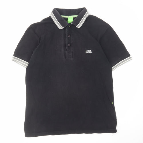 HUGO BOSS Mens Black Cotton Polo Size L Collared Button