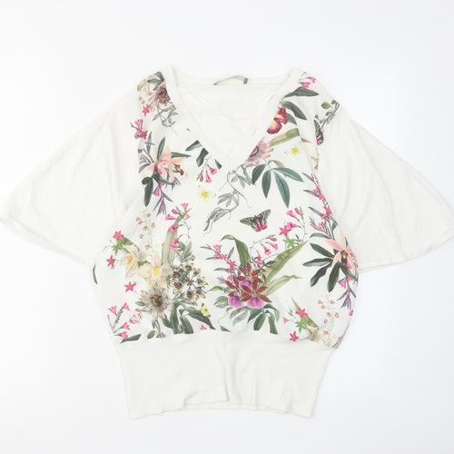 Oasis Womens White V-Neck Floral Viscose Pullover Jumper Size S