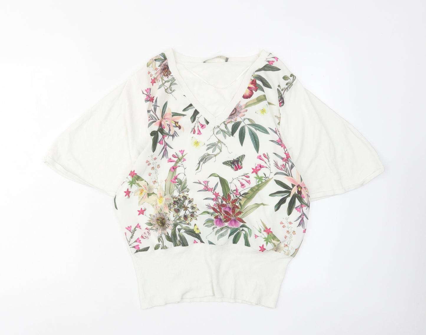 Oasis Womens White V-Neck Floral Viscose Pullover Jumper Size S