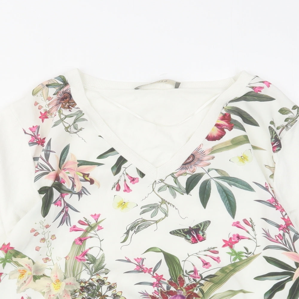 Oasis Womens White V-Neck Floral Viscose Pullover Jumper Size S