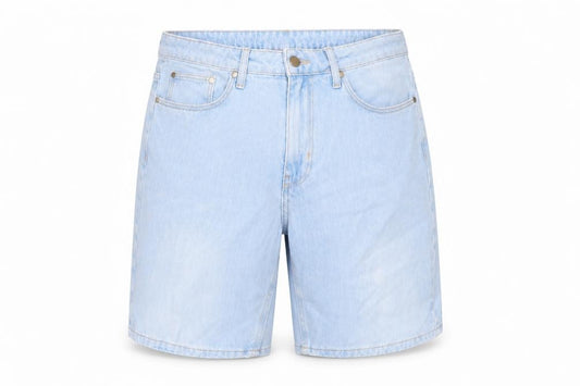 Front view of As Well 2A women’s blue cotton bermuda shorts, size L, 8-inch leg regular zip