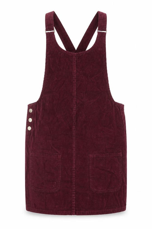 Front view of Denim & Co. women’s red cotton pinafore/dungaree dress, size UK 10, scoop neck button
