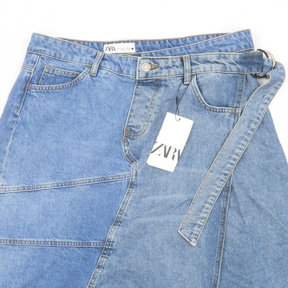Zara Womens Blue Cotton Swing Skirt Size L Button