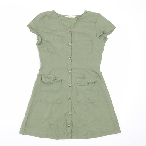 H&M Girls Green Cotton A-Line Size 11-12 Years V-Neck Button