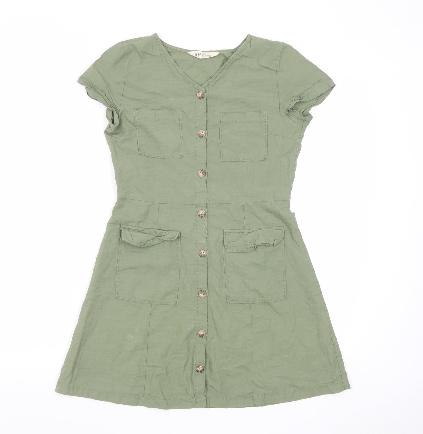 H&M Girls Green Cotton A-Line Size 11-12 Years V-Neck Button