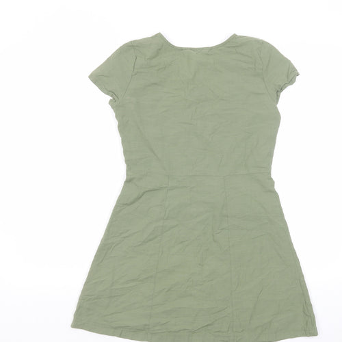 H&M Girls Green Cotton A-Line Size 11-12 Years V-Neck Button