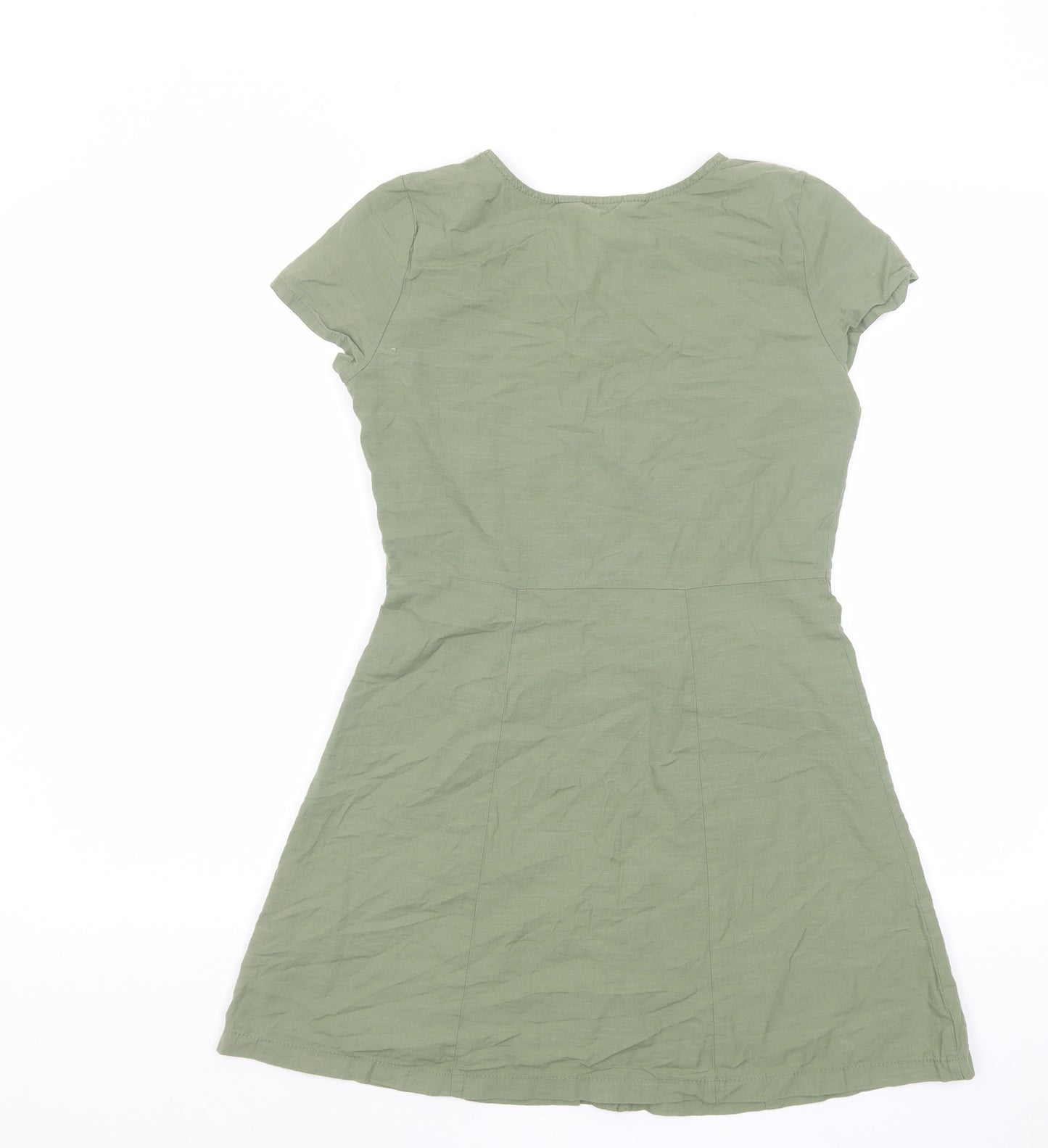 H&M Girls Green Cotton A-Line Size 11-12 Years V-Neck Button