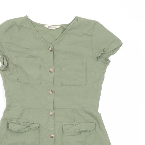 H&M Girls Green Cotton A-Line Size 11-12 Years V-Neck Button