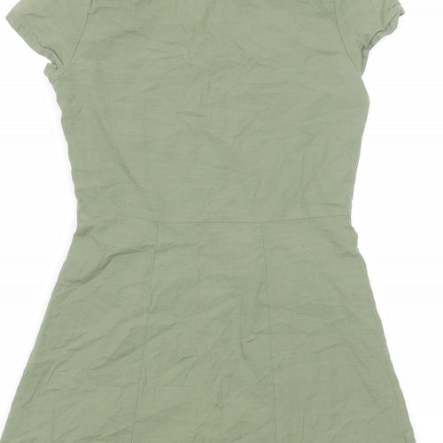 H&M Girls Green Cotton A-Line Size 11-12 Years V-Neck Button