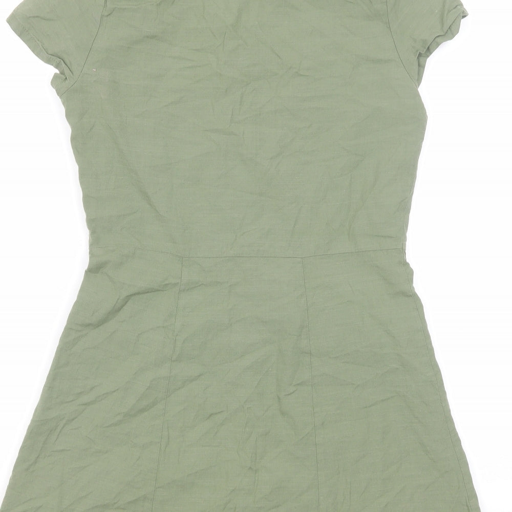 H&M Girls Green Cotton A-Line Size 11-12 Years V-Neck Button