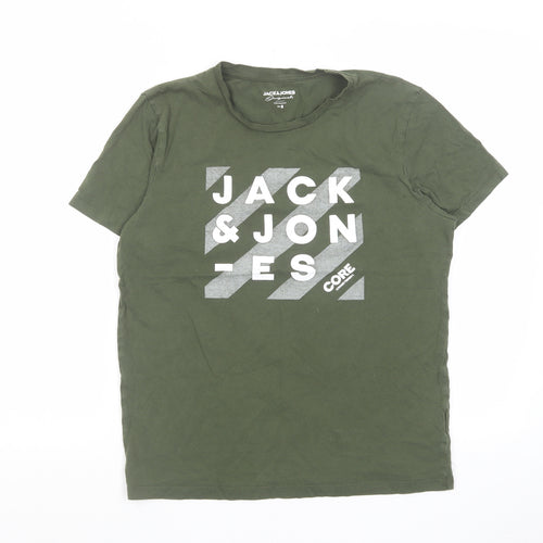 JACK & JONES Mens Green Cotton T-Shirt Size S Crew Neck