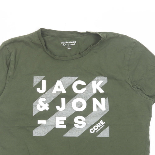 JACK & JONES Mens Green Cotton T-Shirt Size S Crew Neck