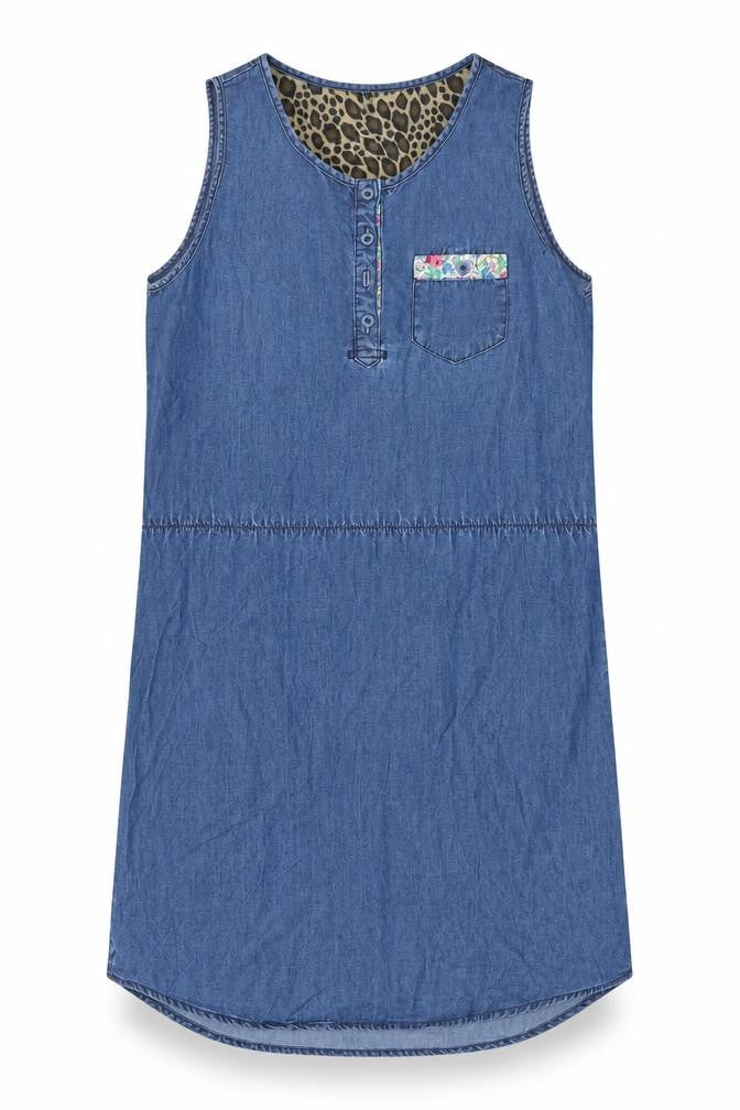 Front view of H&M girls’ blue cotton a-line, size 14, years round neck button