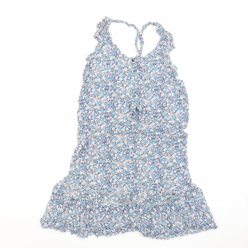 NAF NAF Womens Blue Floral Viscose Mini Size 8 Scoop Neck Button