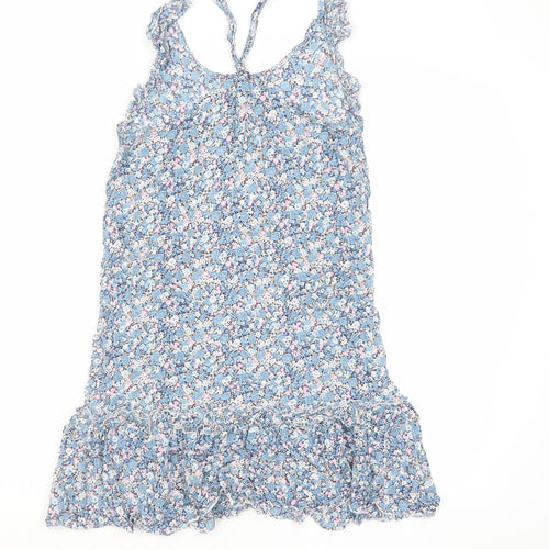 NAF NAF Womens Blue Floral Viscose Mini Size 8 Scoop Neck Button