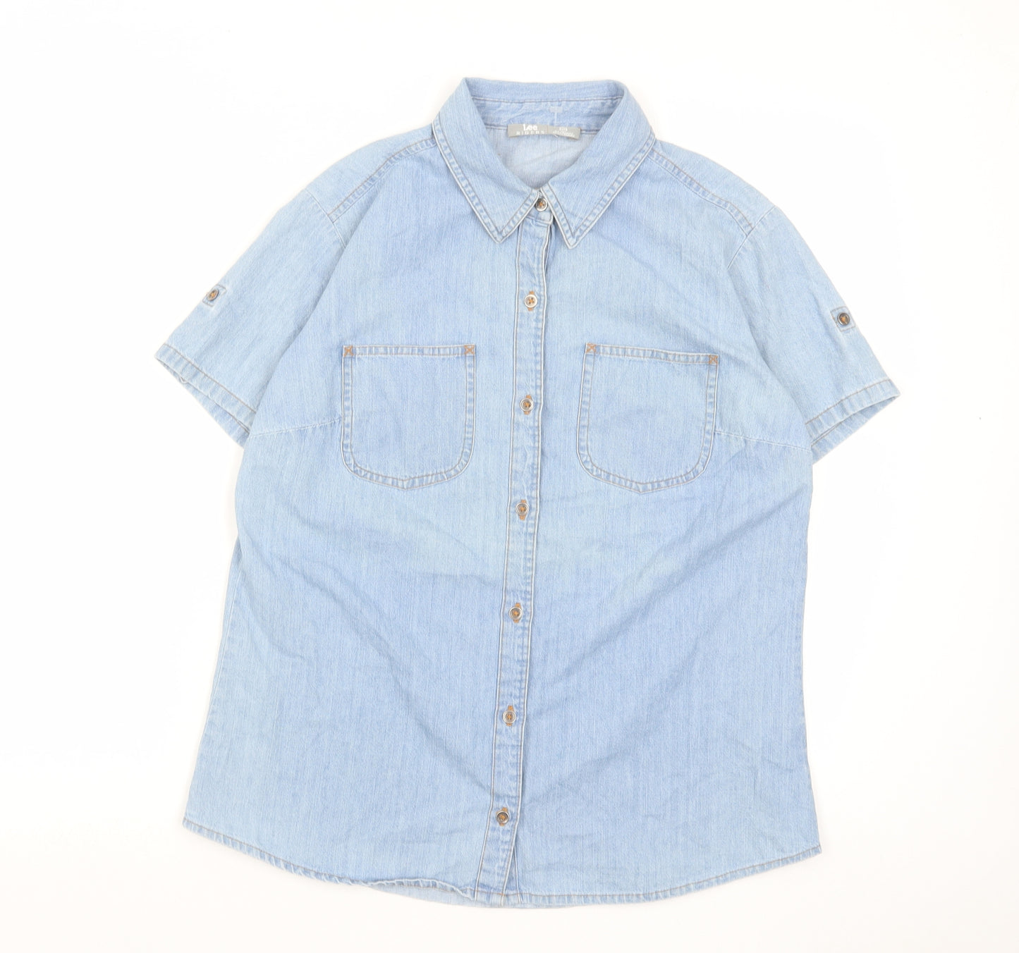 Lee Mens Blue Cotton Button-Up Size M Collared Button