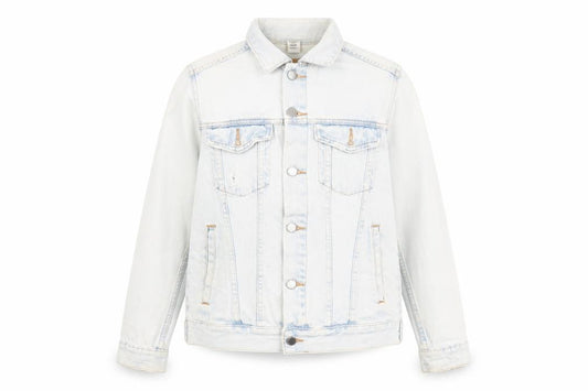 Front view of H&M women’s blue jacket, size UK 8, button