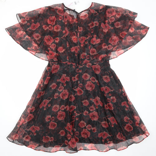Topshop Womens Red Floral Polyester A-Line Size 12 Round Neck Zip