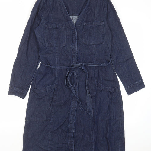 Whistles Womens Blue Cotton Shirt Dress Size 12 V-Neck Button