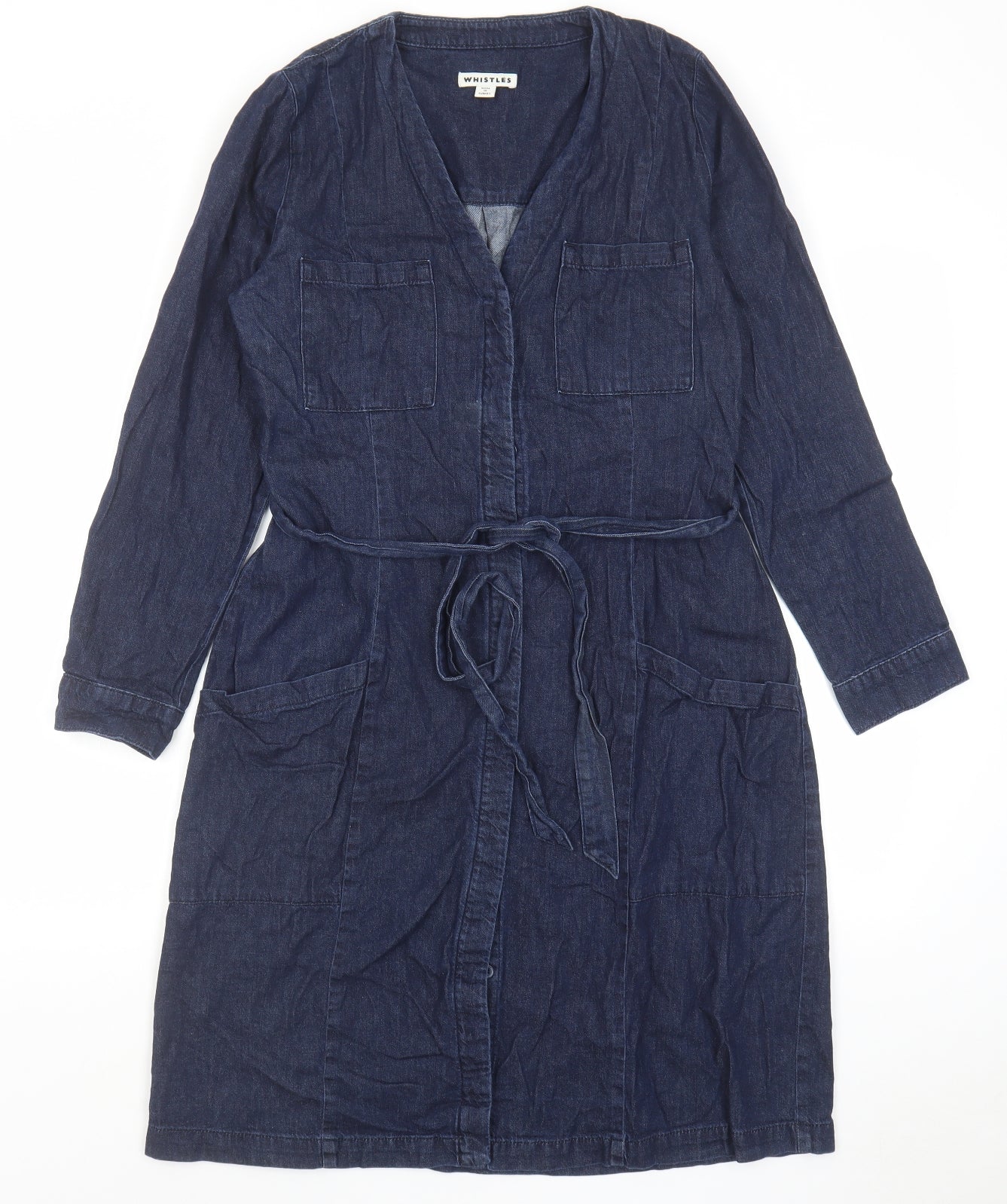 Whistles Womens Blue Cotton Shirt Dress Size 12 V-Neck Button