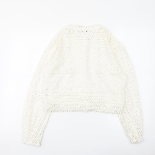 Zara Womens Ivory Geometric Cotton Basic Button-Up Size M Round Neck