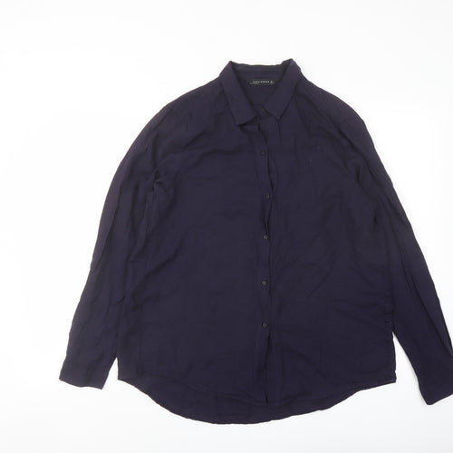 Zara Womens Blue Polyester Basic Button-Up Size L Collared